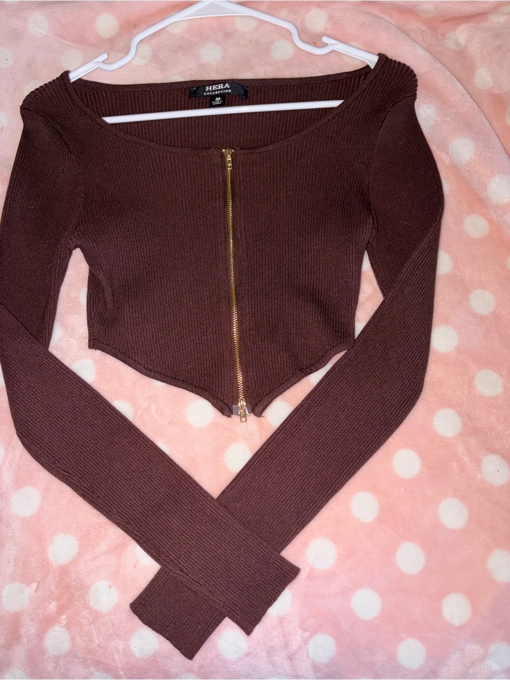 Hera Collection Chocolate Brown Ribbed Zip-Front Long Sleeve Crop Top